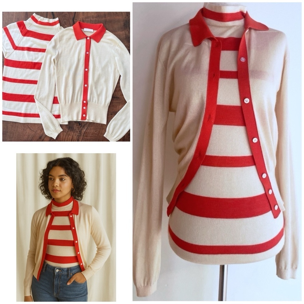 SWEATER SET Prada 100% Cashmere Striped Mock Neck Cardigan Sweater SET 42 US6‌